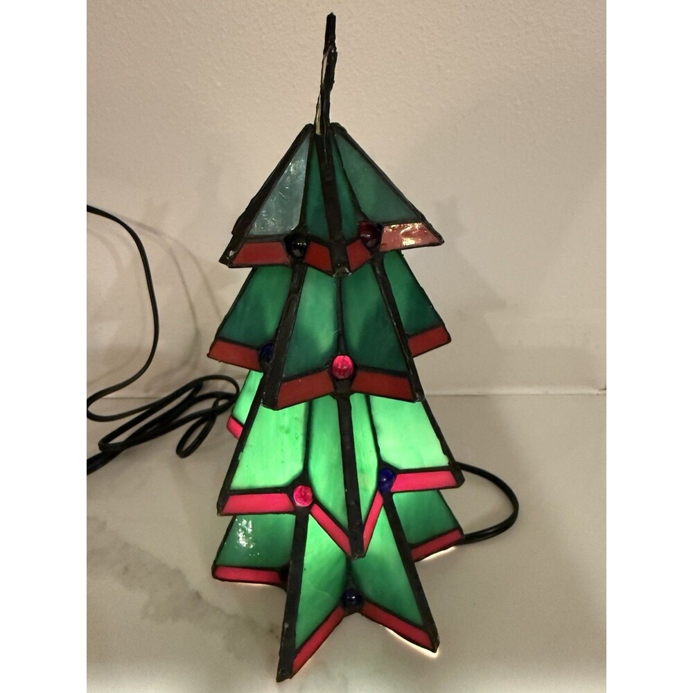 Stained 9” Glass Light up Christmas Tree Tabletop Electric Lamp Night - Picture 2 of 5
